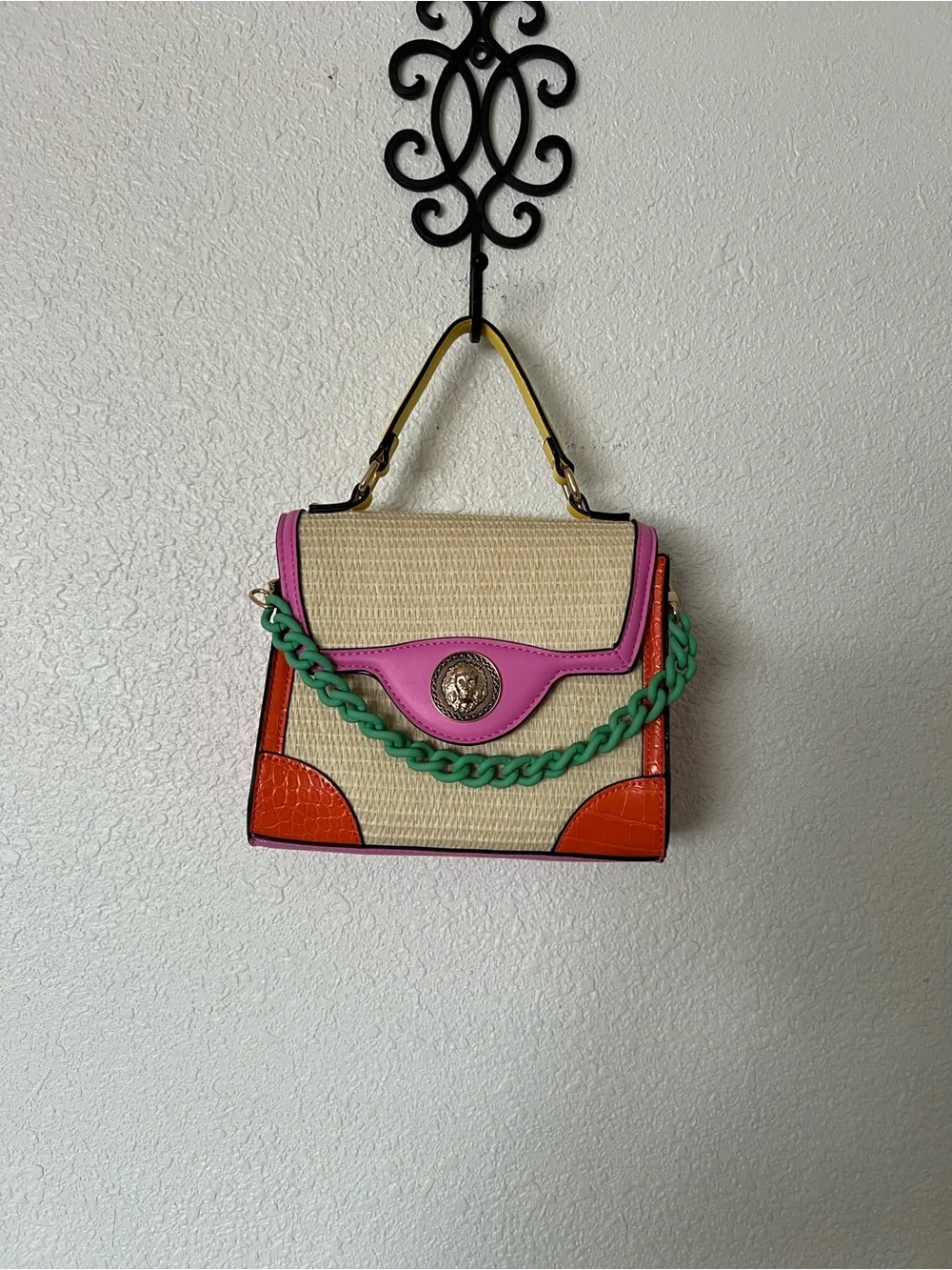 Aldo Multicolor Woven Straw Shoulder Bag with Yellow/Pink Trim & Orange Corners